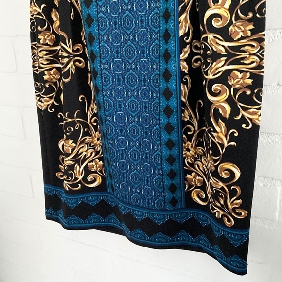 Maggie London Mini dress Paisly Scarf print Stretch Blue Gold Black Sz 6 Petite - Picture 14 of 15